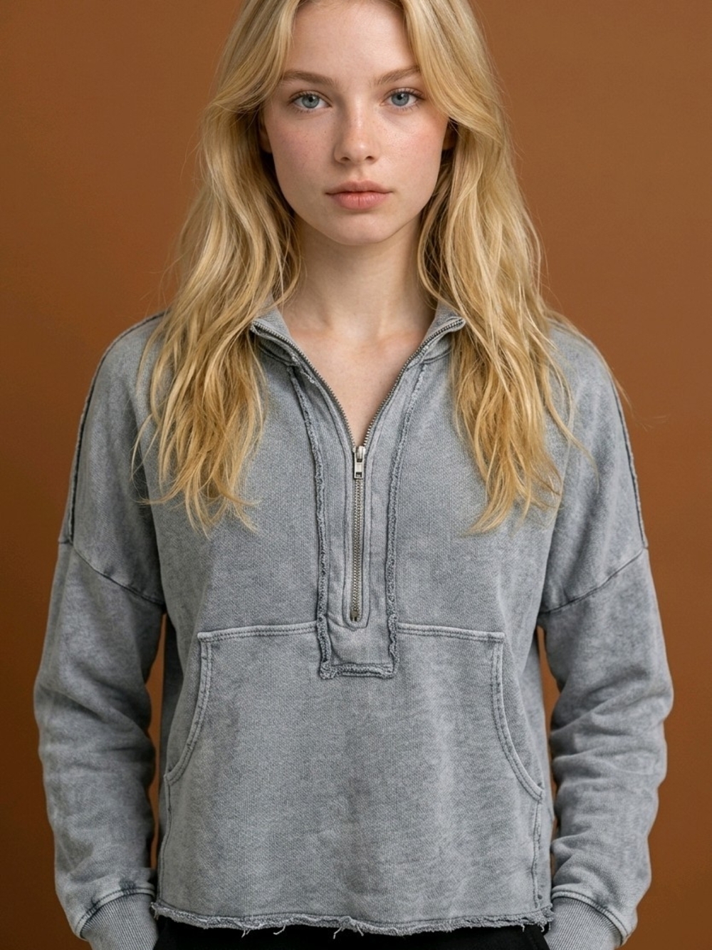 Women's Washed Half-Zip Pullover - Gray